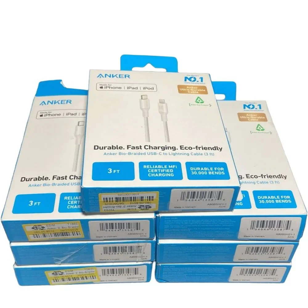 Anker Bio‑Braided 3ft Lightning to USB‑C Cable White MFi Certified Fast Lot of 7